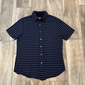 Mr Turk Short Sleeve Button Up Shirt Jersey Striped Men's Sz Medium Blue